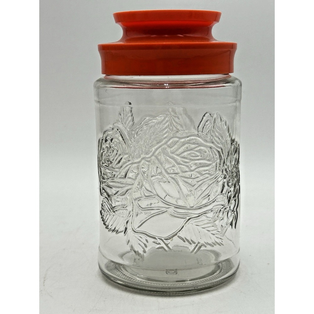 Anchor Hocking Tang "Roses" Glass Storage Jar Orange Lid Vintage